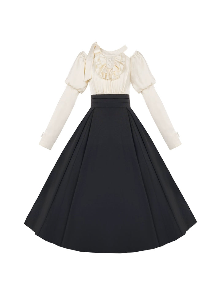 With PUJI~Roman Holiday~Classic Lolita OP Dress Faux Two-Piece Long Sleeve Dress Spring   