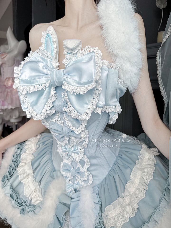 POSHEPOSE~Chuling Swan Lake~Sweet Lolita JSK Set Velvet Blue Dress for Prom