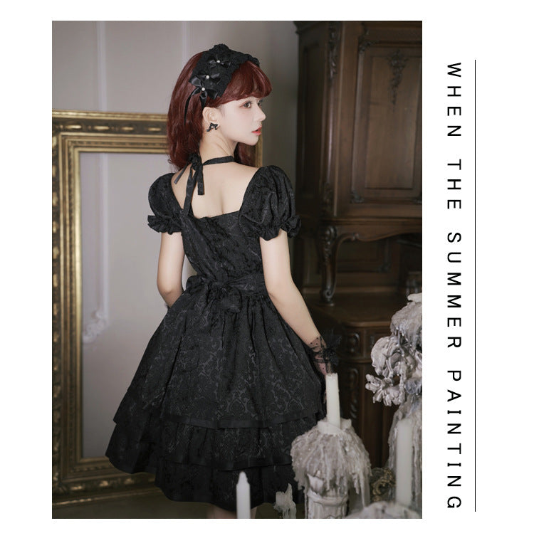 Eieyomi~Thorn Rose~Gothic Lolita Three-layer Ruffle Black OP   