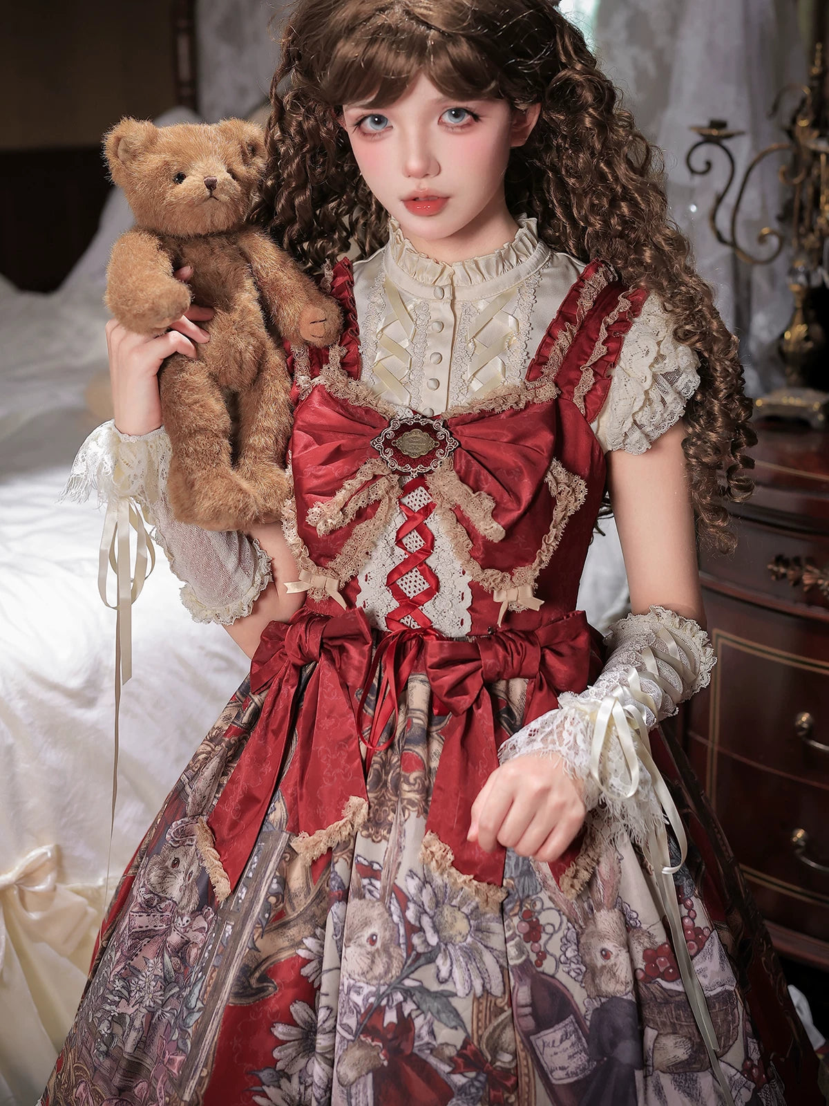 Mysterious Ribe - Red Classic Lolita Jumper Skirt & Blouse Set, Rabbit Print 45968:870084