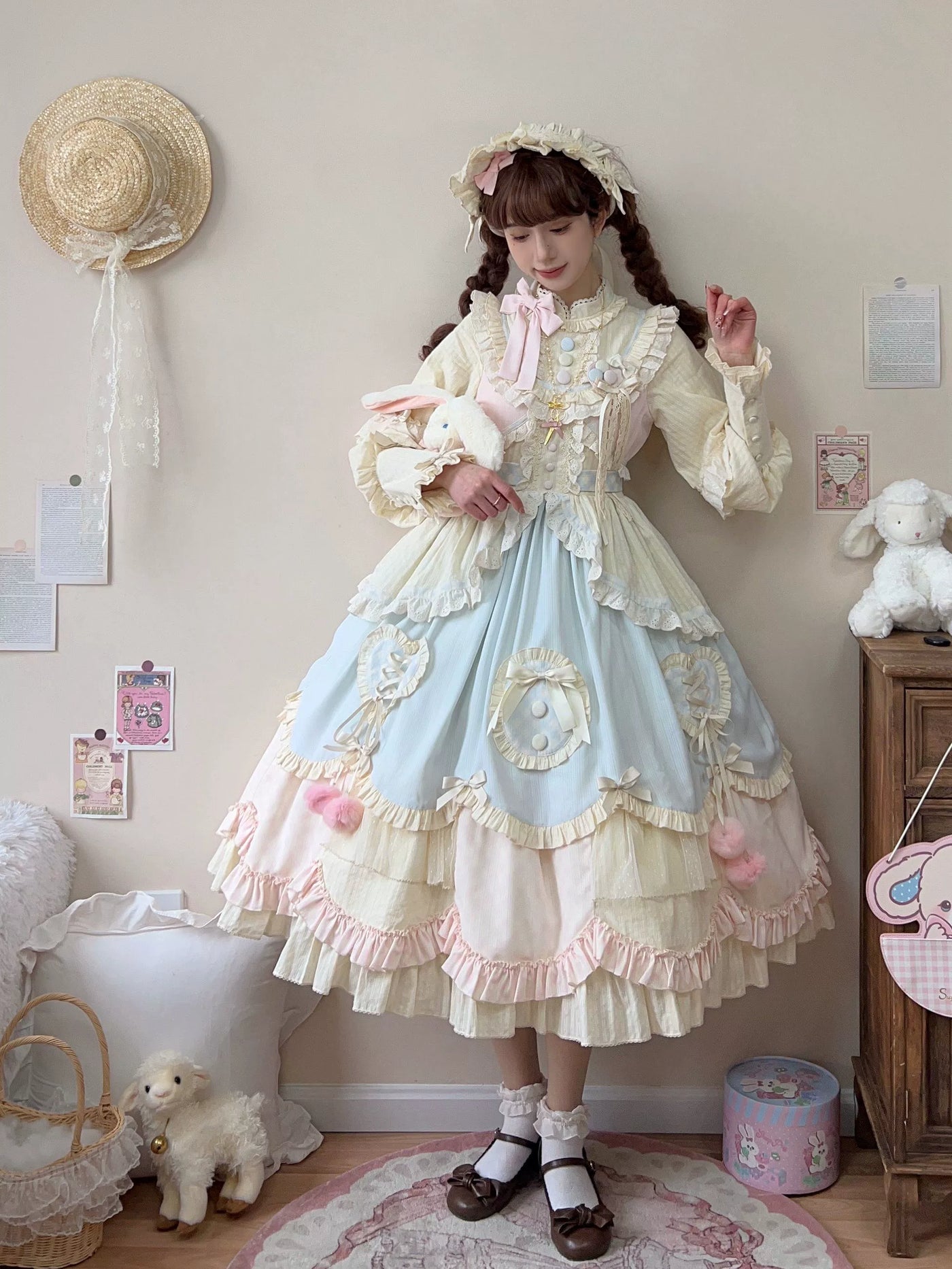 Uncle Wall Original~Sleep Macaron~Sweet Lolita OP Dress Solid Color Dress S Long OP (one-piece dress) 
