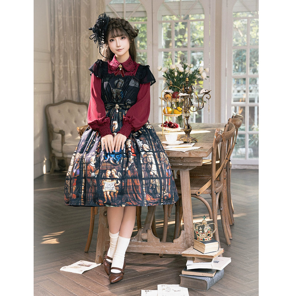 GOTHIC LOLITA~Rosary in the illusional library~Gothic Lolita Print JSK Dress