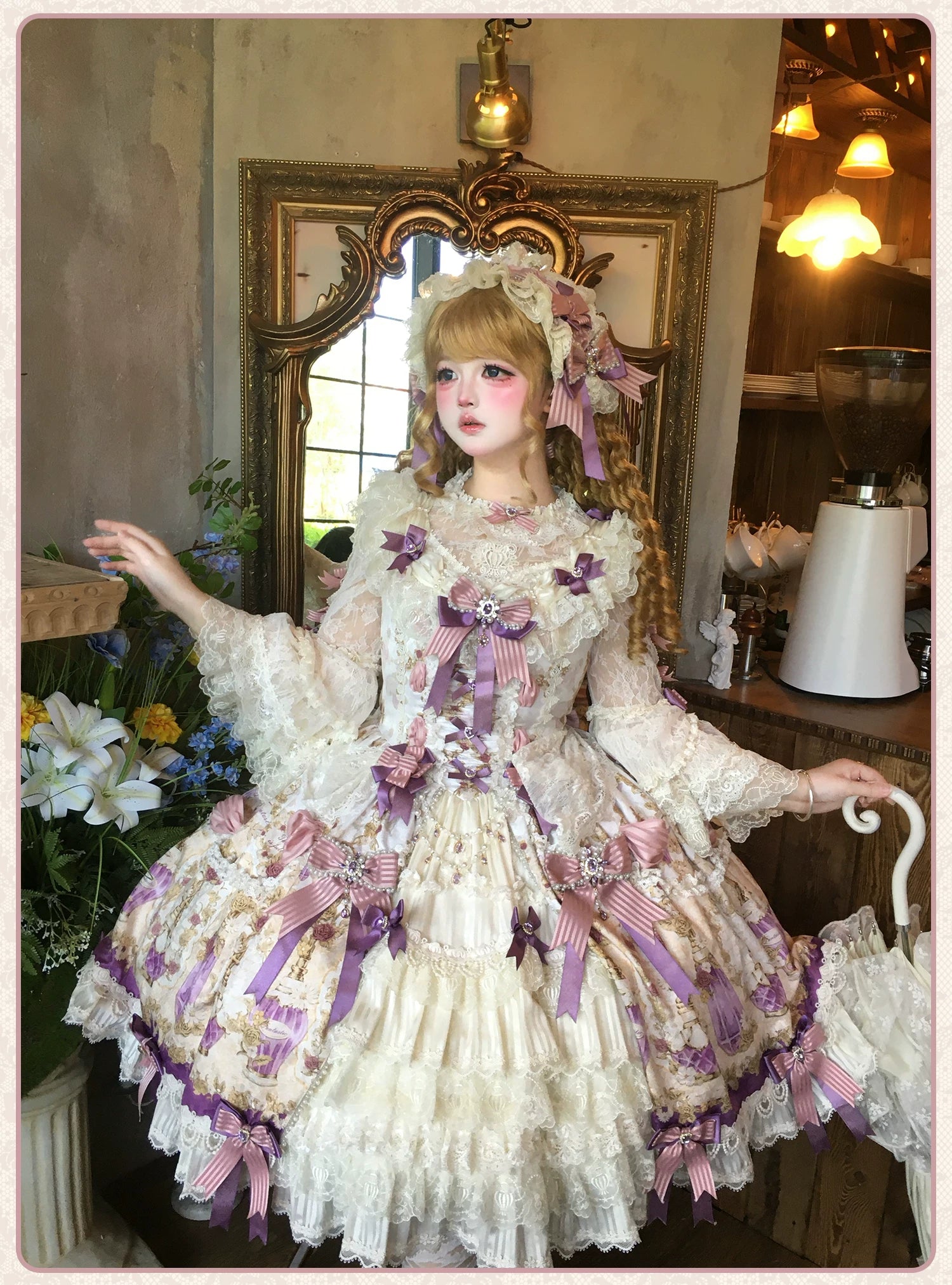 Antique Gem Fragrance - Gorgeous Classic Lolita Dress Set, Floral and Bottle Print 45483:851743
