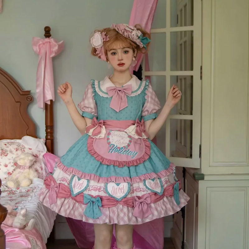 Sakurahime~Cake Party~Sweet Lolita Pink-blue Tiered OP S OP+apron 
