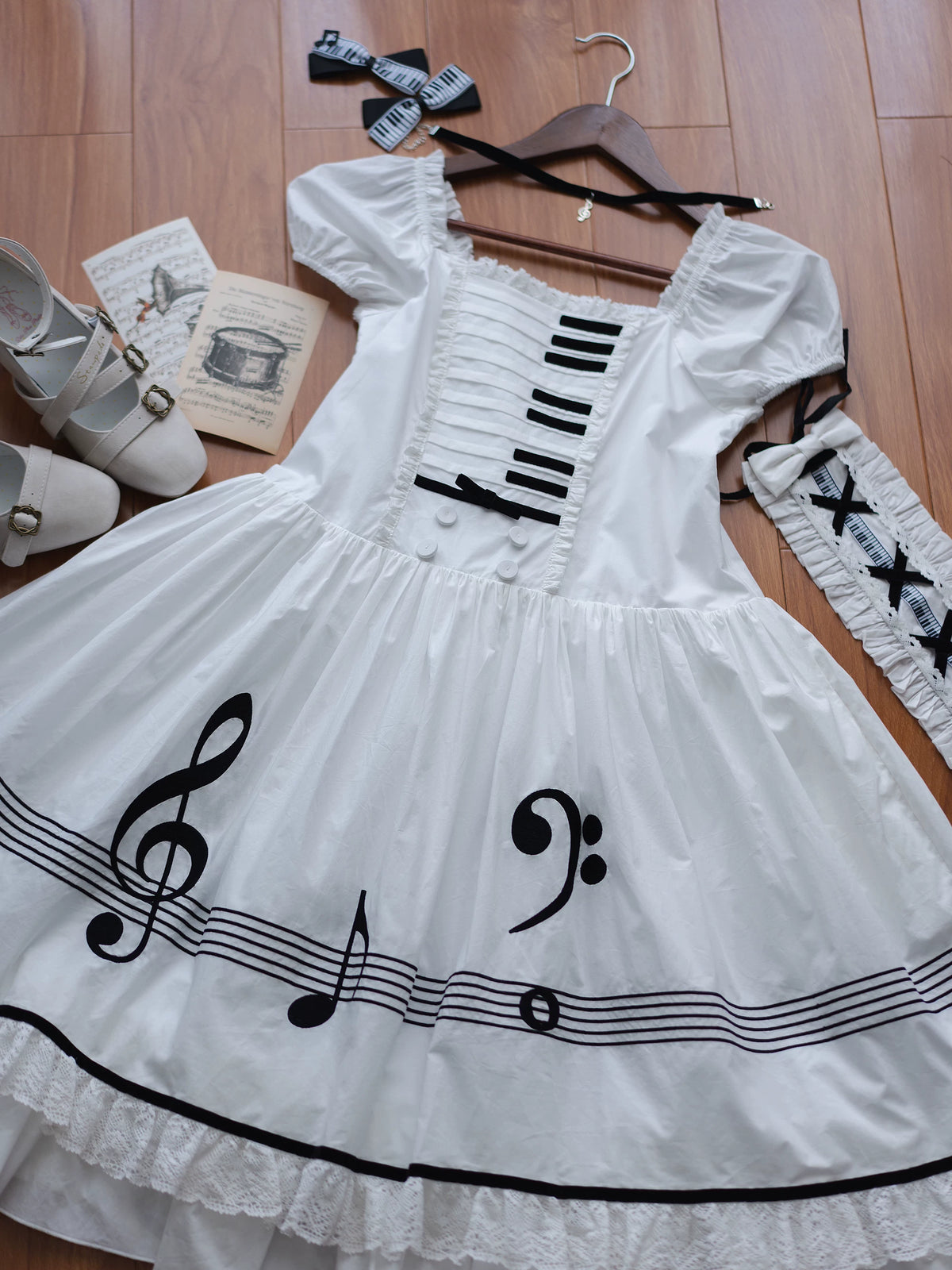 Piano's Letter - Cotton Old School Lolita OP Dress Set, Piano Note Embroidery 46029:873010