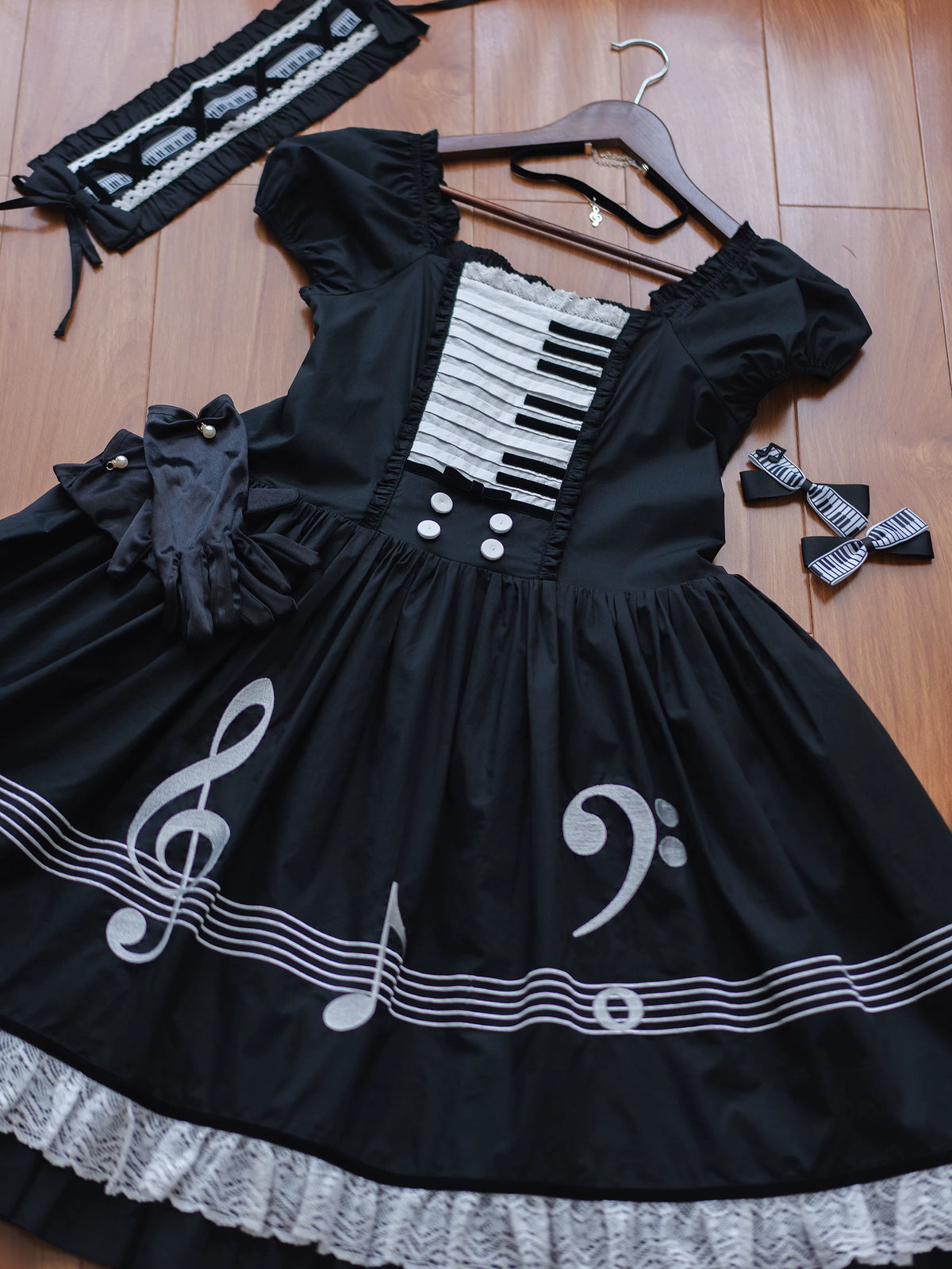 Piano's Letter - Cotton Old School Lolita OP Dress Set, Piano Note Embroidery 46029:873009