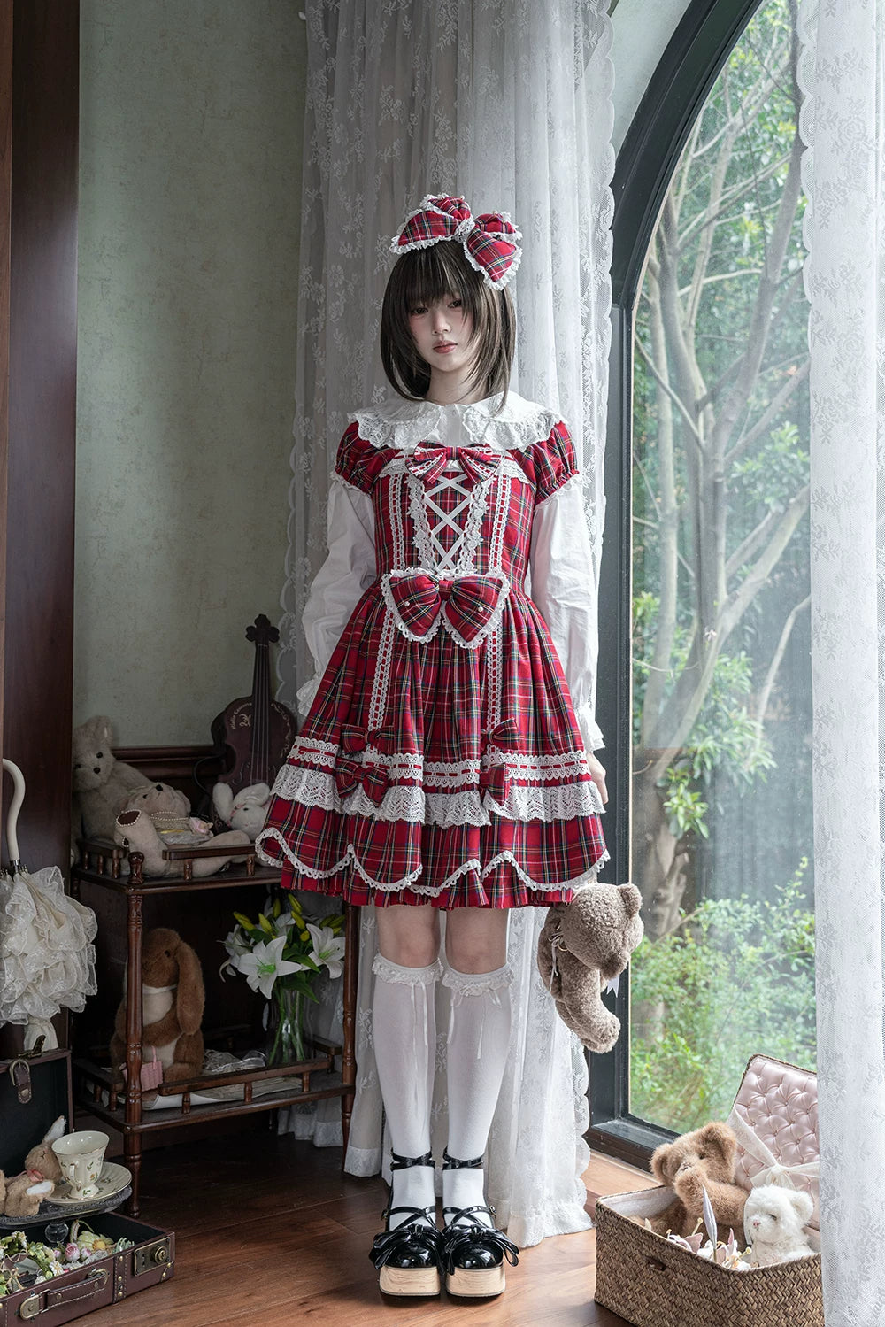 Plaid Petal Bunny - Old School Lolita Plaid OP Dress, Petal-shaped Hem 44673:818311