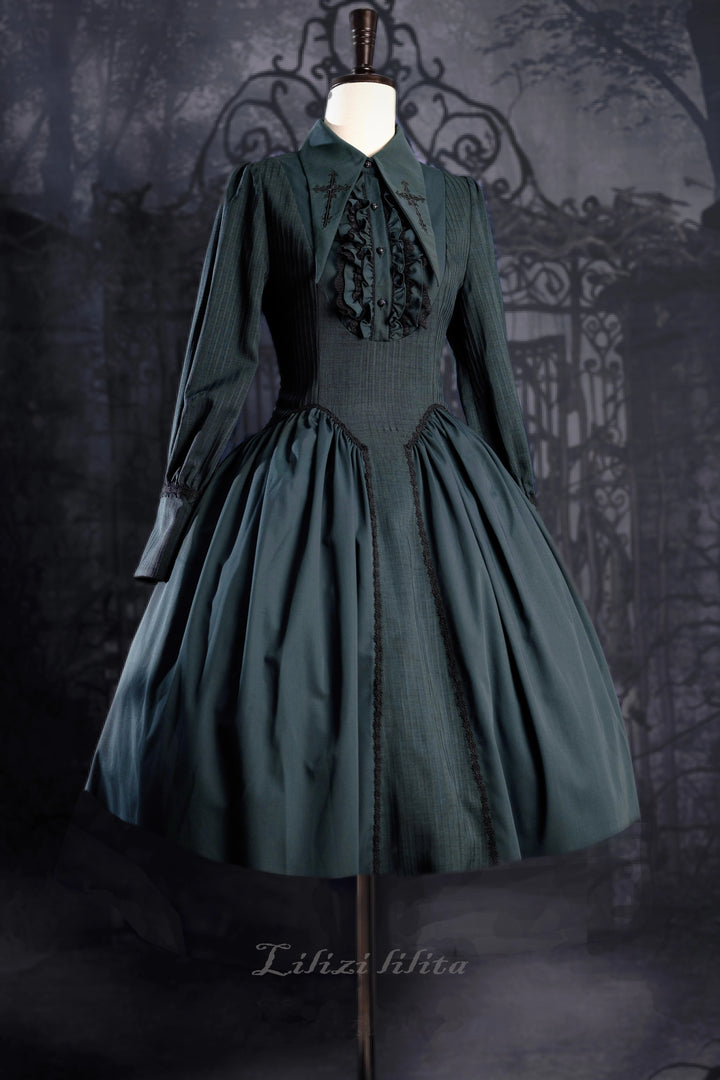 Lilizi~Redemption Song~Gothic Lolita OP Dress Cross Embroidery Tiered Hem XS green short OP 