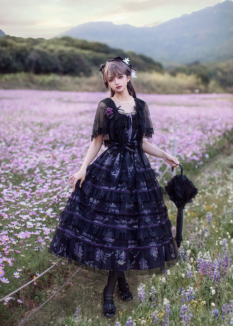 Avenue Denfer~Floral Veil~Elegant Lolita JSK Suit Floral Print Dress and Tulle Shawl