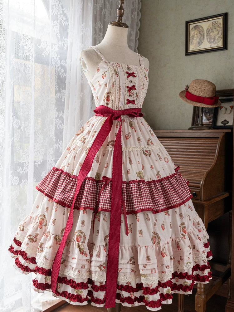 Skyfaring Strawberry - Printed Classic Lolita JSK Dress, Tired Hem Strawberry Printed JSK S