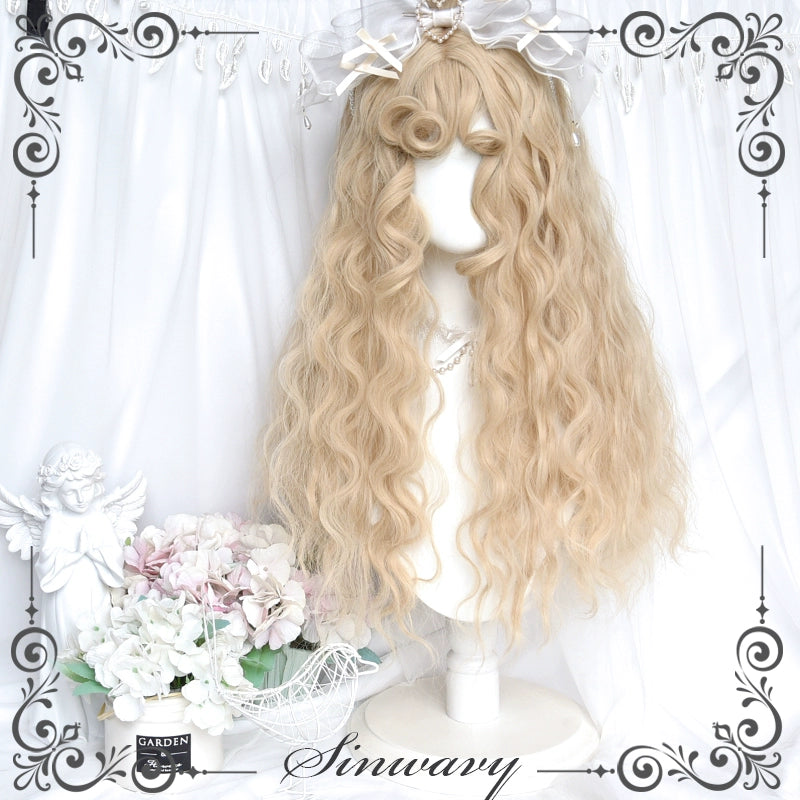 Sinwavy~Sweet Lolita Curly Wig Creamy Gold Bangs Wool Roll Wig Creamy blonde wig  