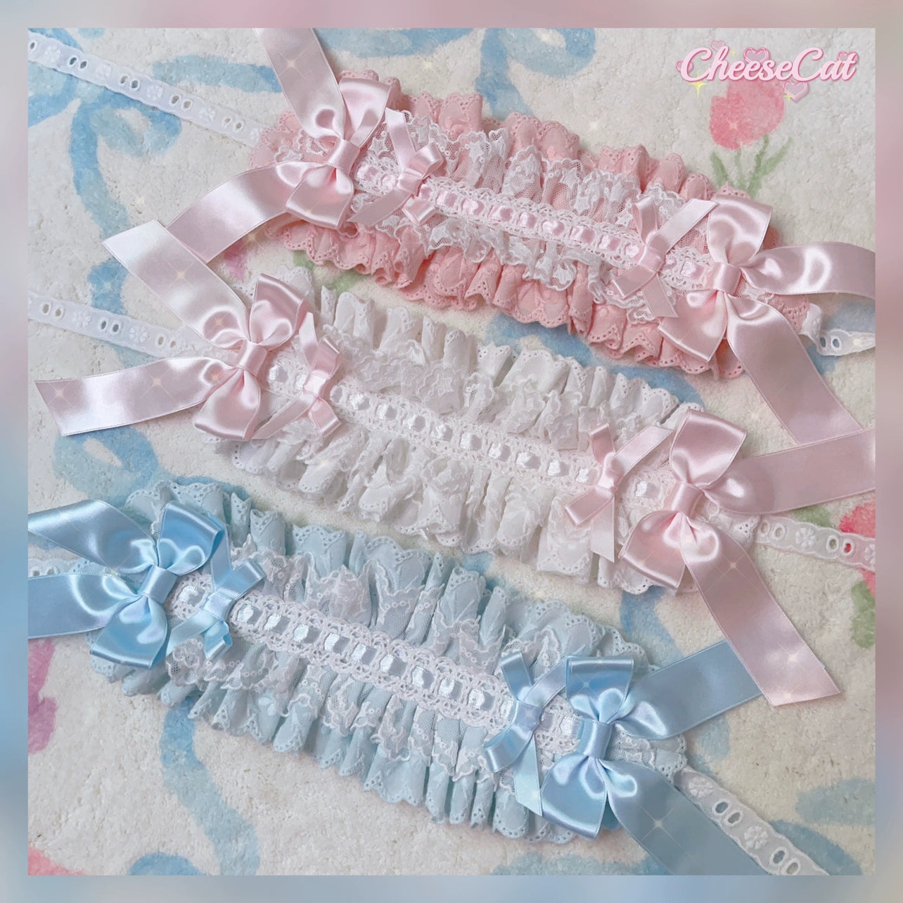 (BFM)Cheese Cat~Sweet Lolita Headband Ribbon Bow Headbands White and White - Light Pink Bow  