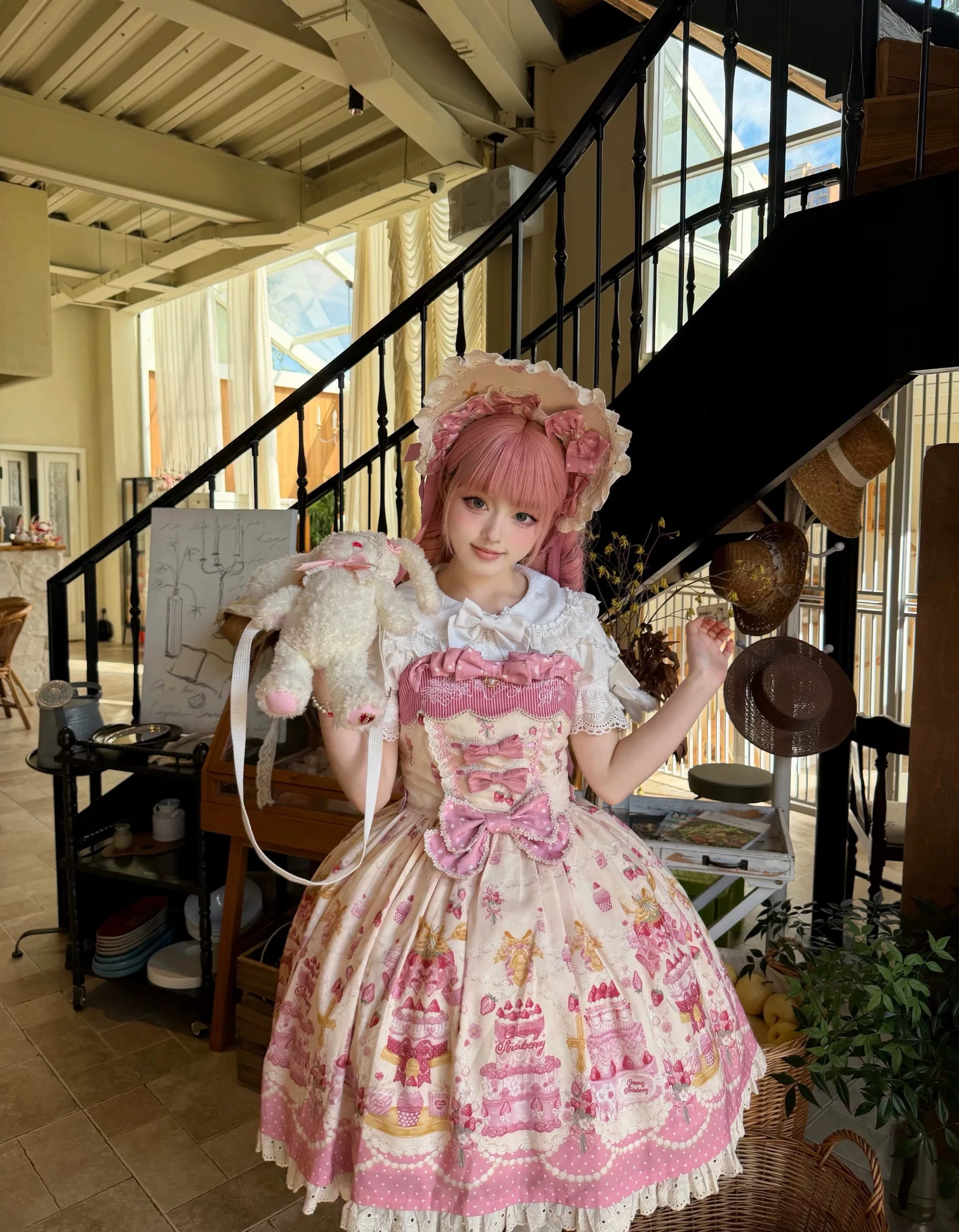 Strawberry Ode - Plus Size Sweet Lolita OP & JSK Dress, Cream Cake Print 45892:867012