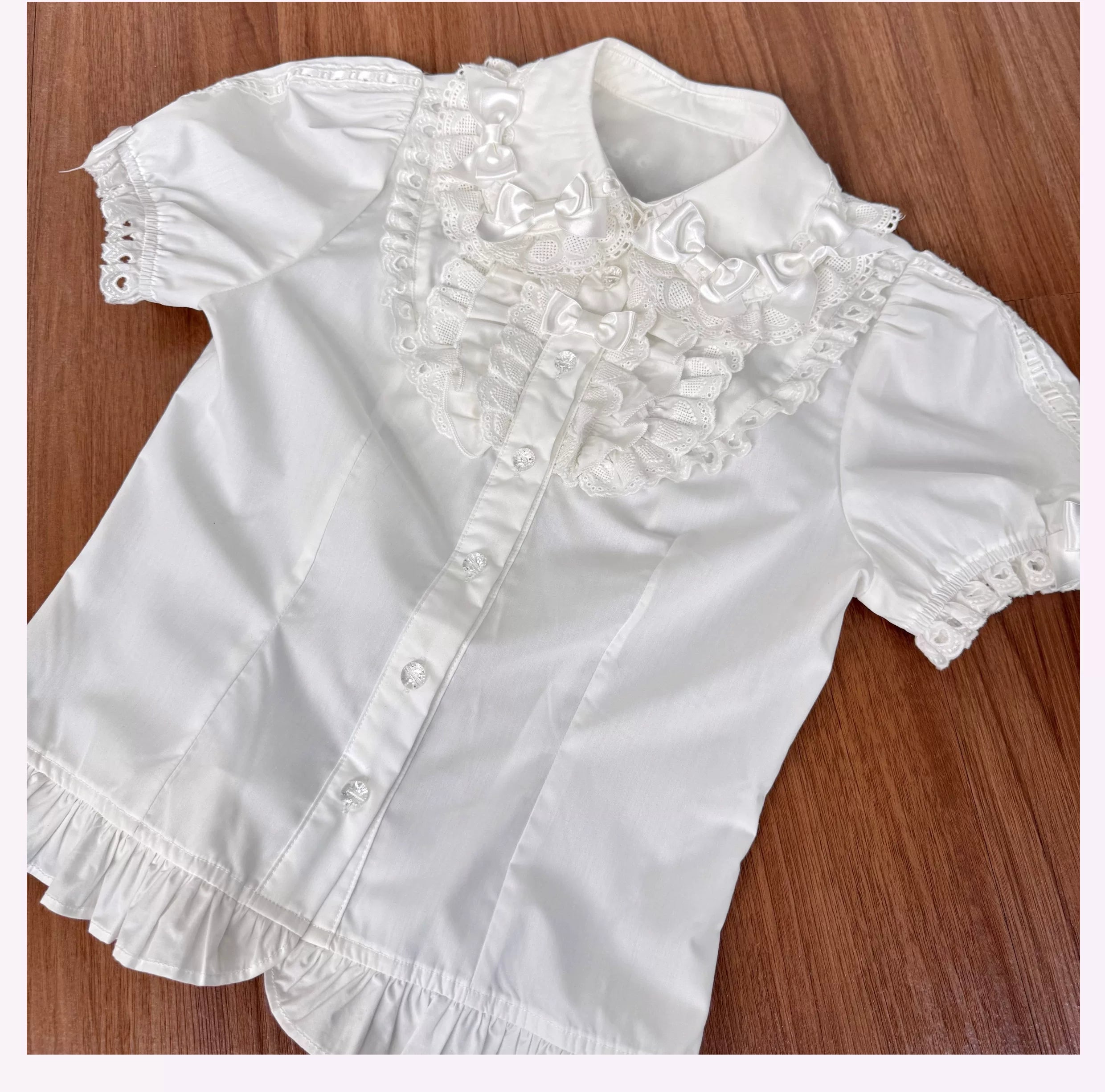 Cotton Old School Lolita Peter Pan Collar Blouse with Bows White Blouse (with white bows) S