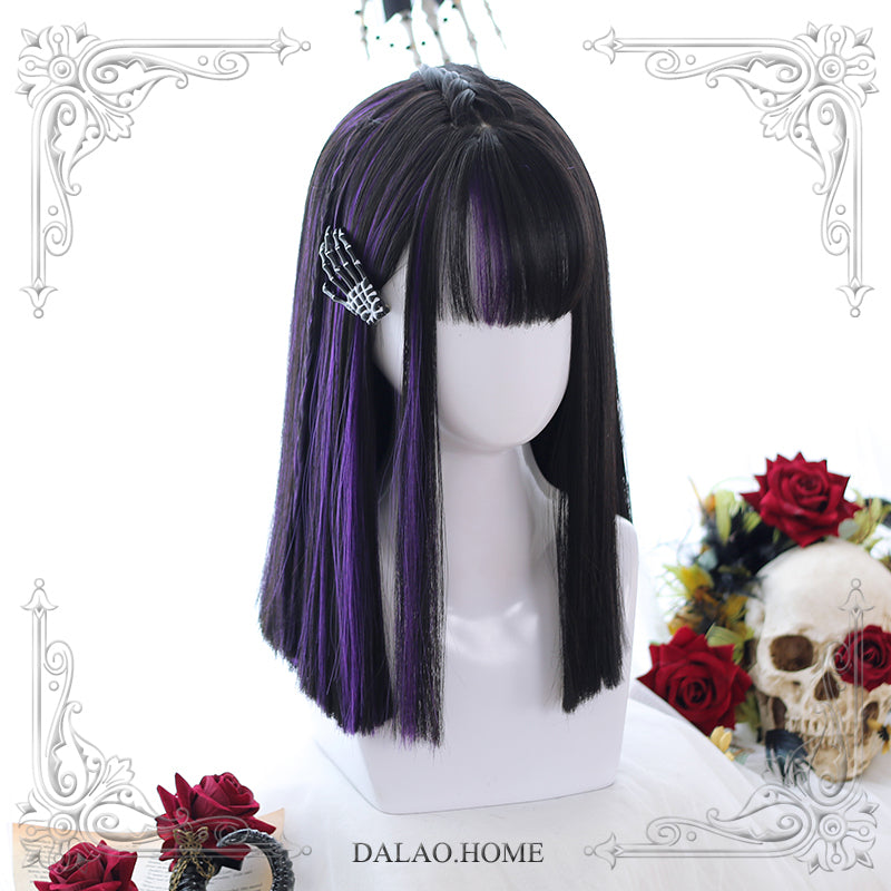 Dalao Home~ Little Devil~Lolita Mid-length Partially Dyed Straight Wig black with purple highlights  