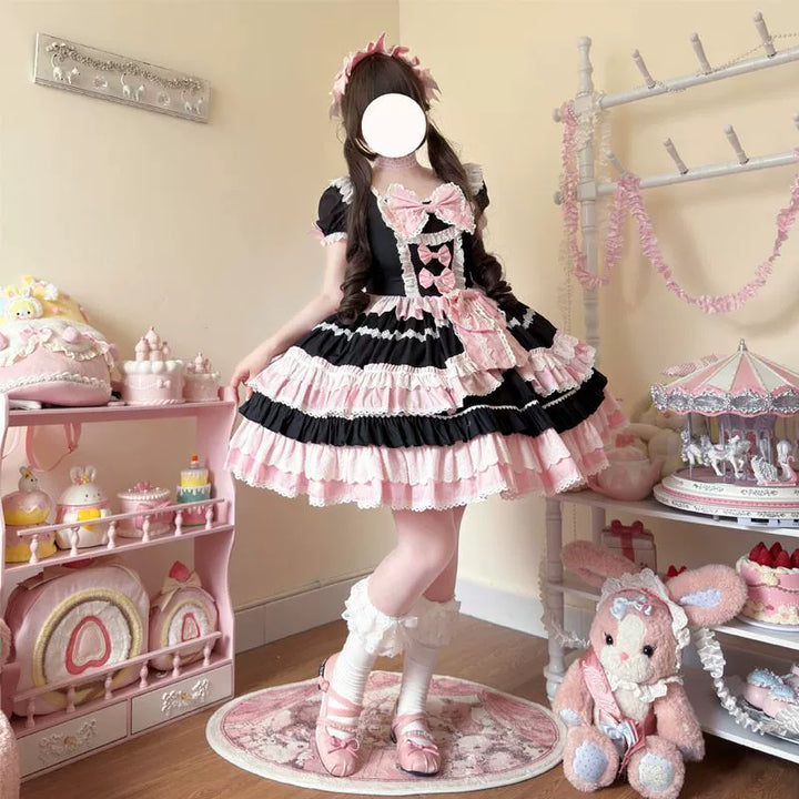 Hanguliang~Showa Flower Butterfly~Pink Sweet Lolita OP Dress With Bows & Lace Trim
