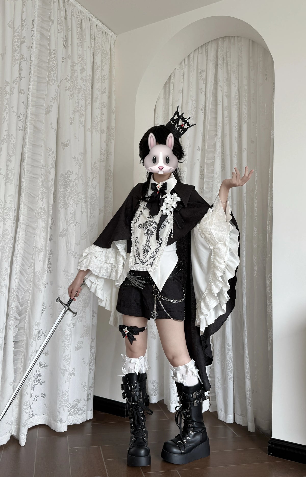 Sloth of Seven Deadly Sins - Ouji Lolita Hime Sleeve Blouse & Shorts Set, Cross Embroidery