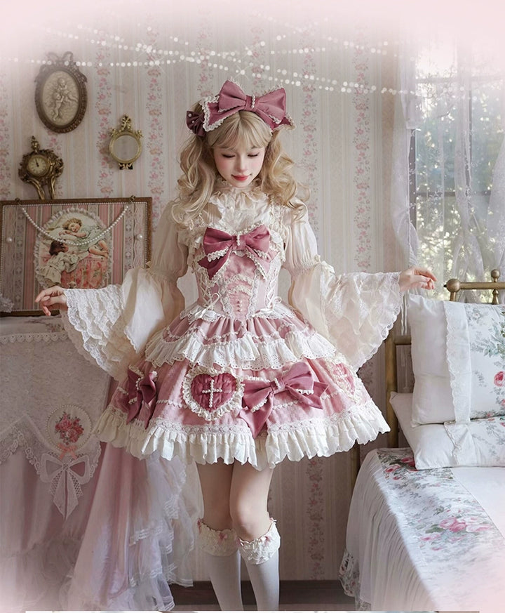 Sakurahime~Cross Sweetheart~Pink Sweet Lolita JSK Dress Doll Lolita Short Dress