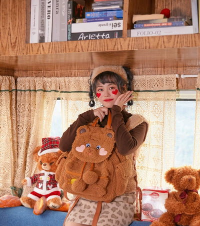 BerryQ~Chubbybear~Kawaii Lolita Plush Embroidered Brown Backpack   