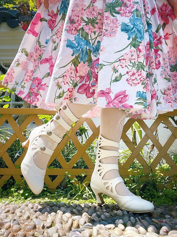 Sentaro~Floral Carved~Vintage Lolita Shoes Mary Jane Hollow-out Ankle Boots 41822:714880