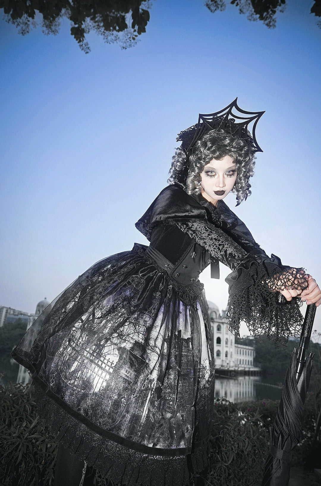 LilithHouse~Horror House~Gothic Lolita OP Set with Cape and Castle Print