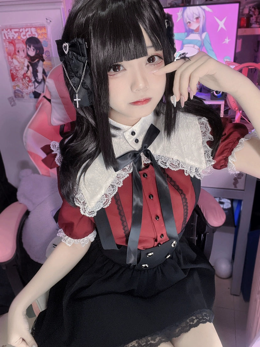 (BFM)Underground Idol World~Jirai Kei Square Stand Collar Ribbon Blouse Heart Buckle Skirt Set   