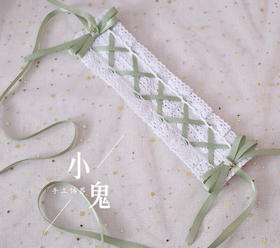 (BFM)Xiaogui~Japanese Style Sweet Lolita Lace Headband Multicolors White Cotton + Matcha Green  