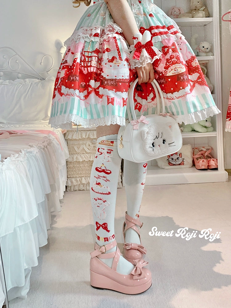 Roji Roji~Sweet Lolita Cotton Socks Japanese Printed Calf Socks a pair of mint knee-high socks Free size