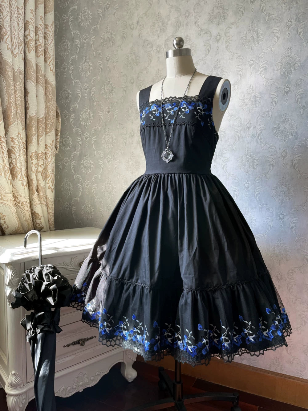 Alice of the Night - Gothic Lolita JSK Cotton Dress, Embroidery & Blue Florals