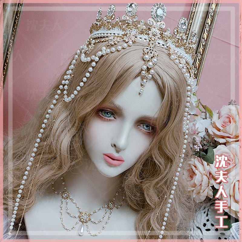 (BFM)SL Handmade~Wedding Lolita Accessory Crystal Pearl Crown Necklace Crown  