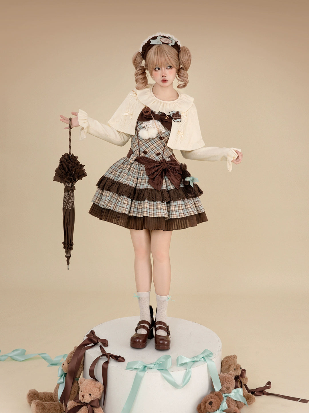 Tan Tuan - Chocolate Mint Day - Kawaii Lolita Jumper Dress, Tiered Ruffles, Sweater Cape