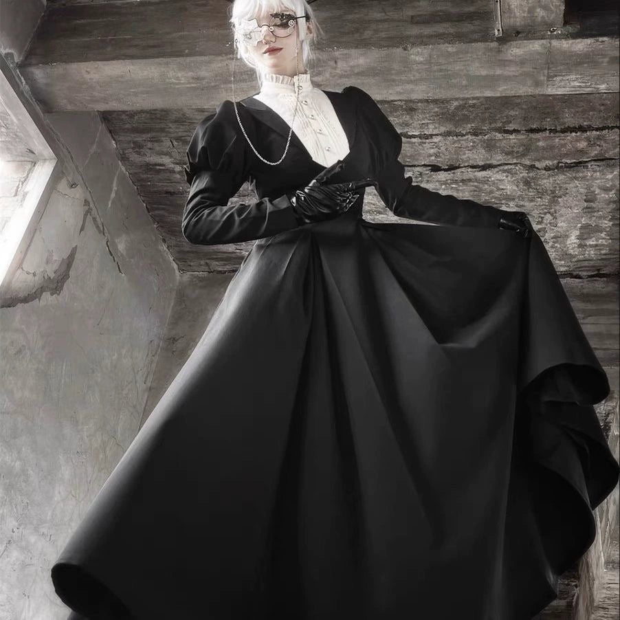 Wanqingyuan - Halloween Gothic Lolita OP Nun Style Long Sleeve Dress S Long black dress