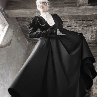 Wanqingyuan~Gothic Lolita Dress Nun Style Blouse SK Set S: Suggested weight range 30-40 kg Long Black Dress 