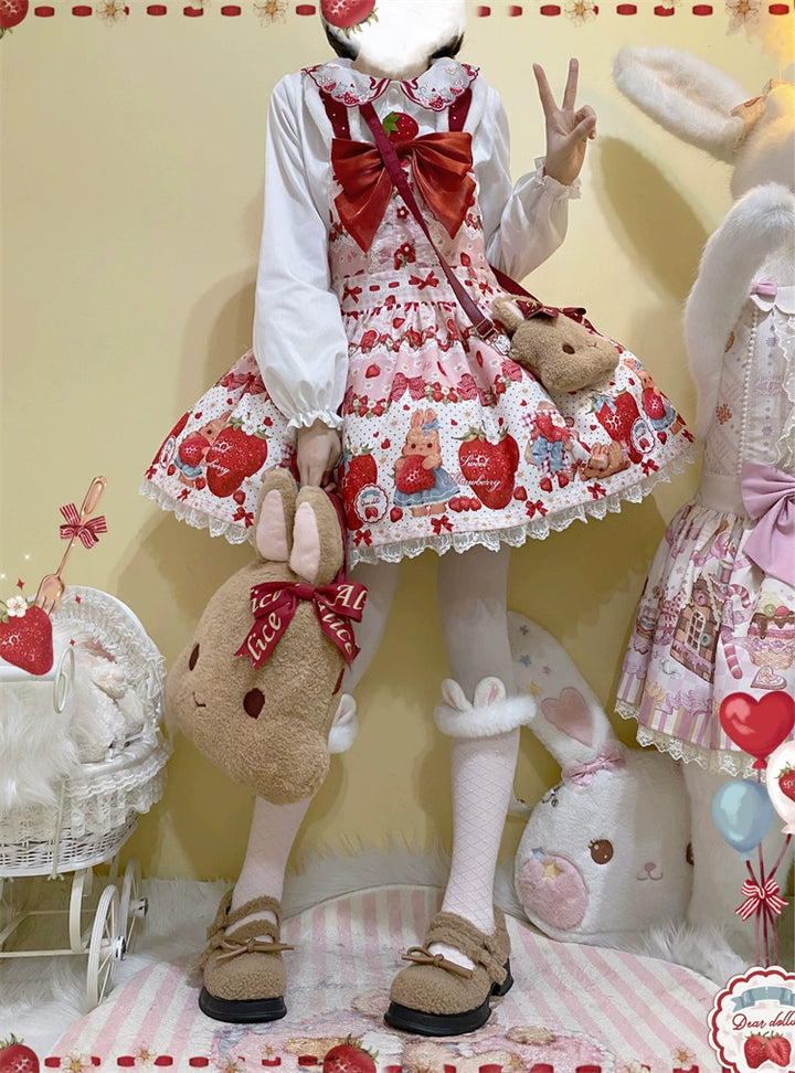 To Alice~Spring Strawberry Bunny~Kawaii Lolita Salopette Dress Hooded Coat and Blouse