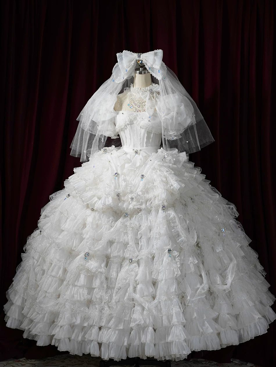 Moonlit Crystal Reverie - Wedding Sweet Lolita Top and Skirt Set, Fishbone Waist (L M S XL) 44831:829585