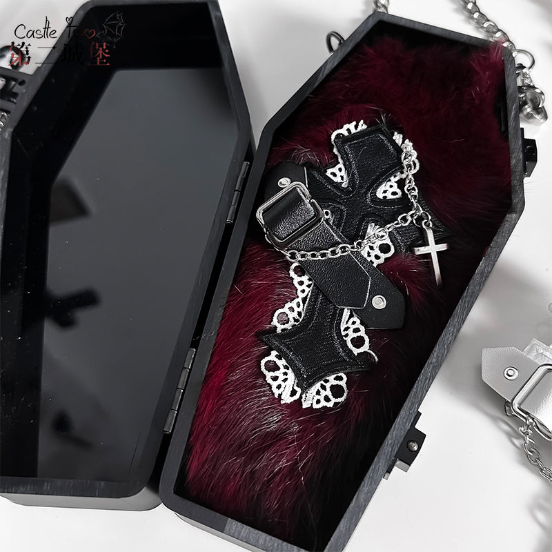 CastleToo~Halloween Gothic Lolita Cross Shaped Brooch Headdress black cross with leather buckle and chain  