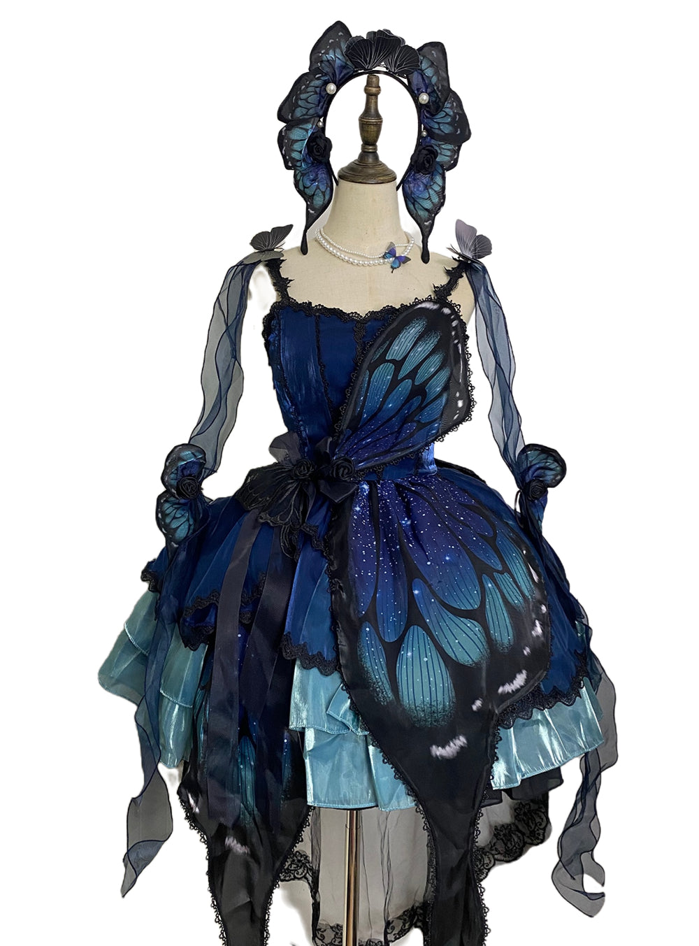 Star fantasy~Butterfly Ballet~Gothic Lolita Butterfly Shaped JSK ribbon full set(jsk+trailing+ribbons+hair band+pearl necklace+a pair of side clips) blue-green gradient color S