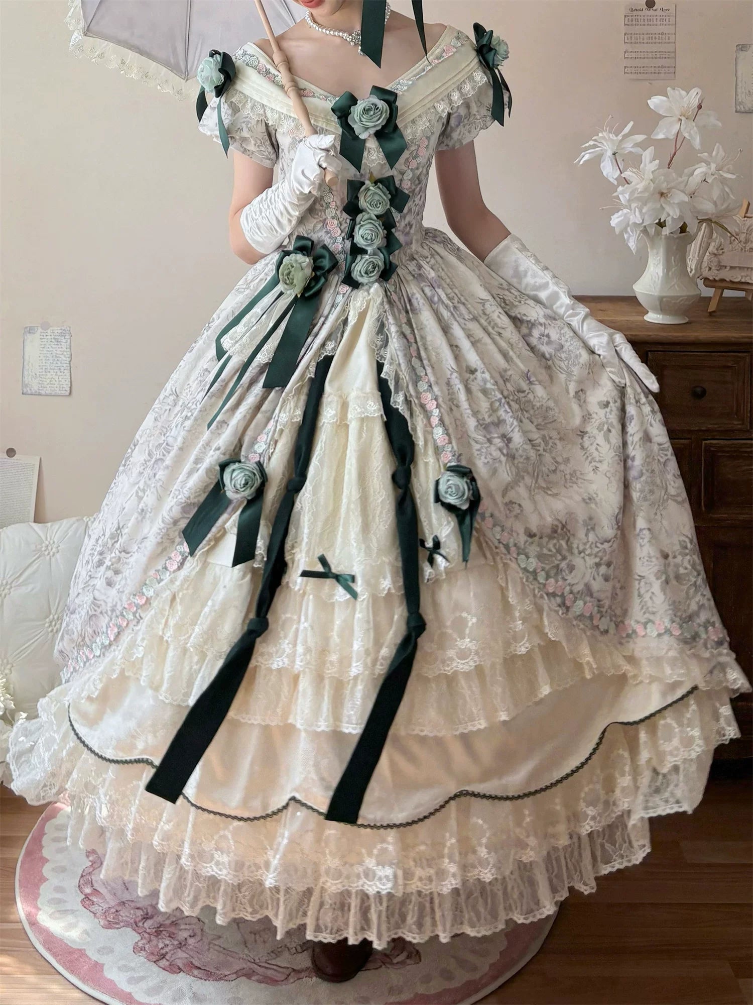 Dolota Flower Wall - Classic Lolita Floral OP Dress, Open Shoulder 44485:811181