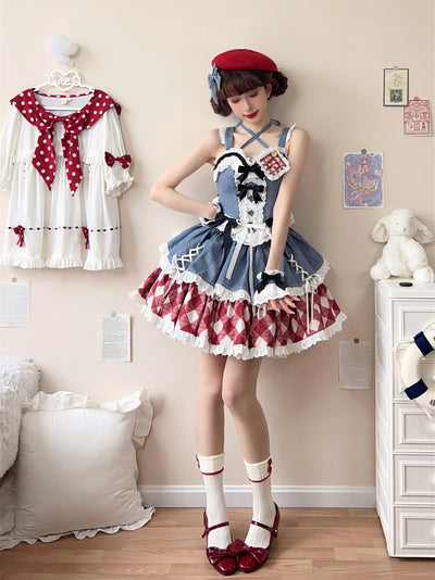 Kuma~Sweet Cowboy~Sweet Lolita Pastel Colors Denim Skirt Set   