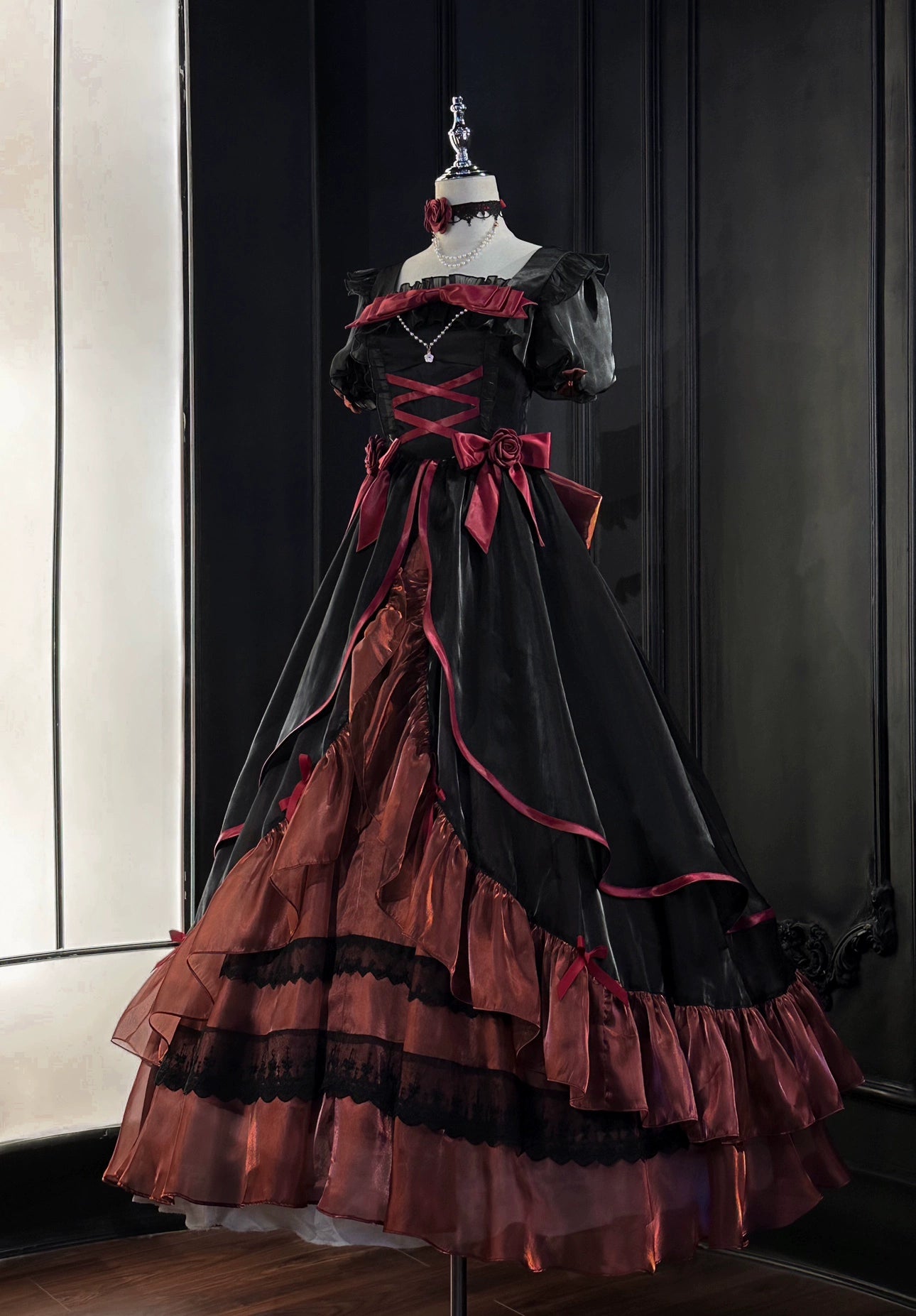 Flight Diary - Princess Lolita Dress Wedding Lolita OP and Daily Wear OP Pre-order XS Only Longer Wedding Lolita OP - Black and Red (Bubble Sleeves) (No Trailing)