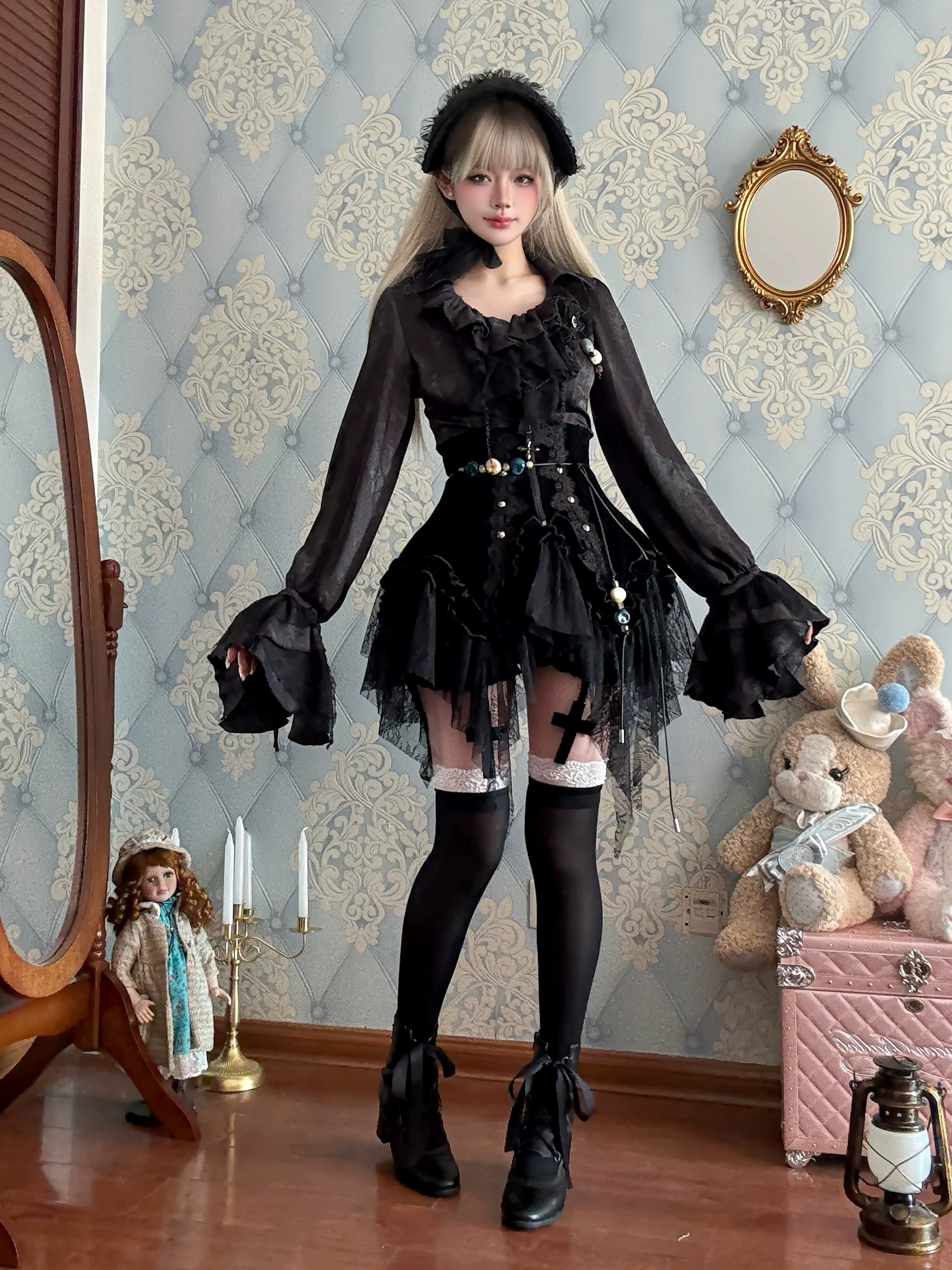 Bone Garden - Printed Gothic Lolita Skirt, Boning Corset