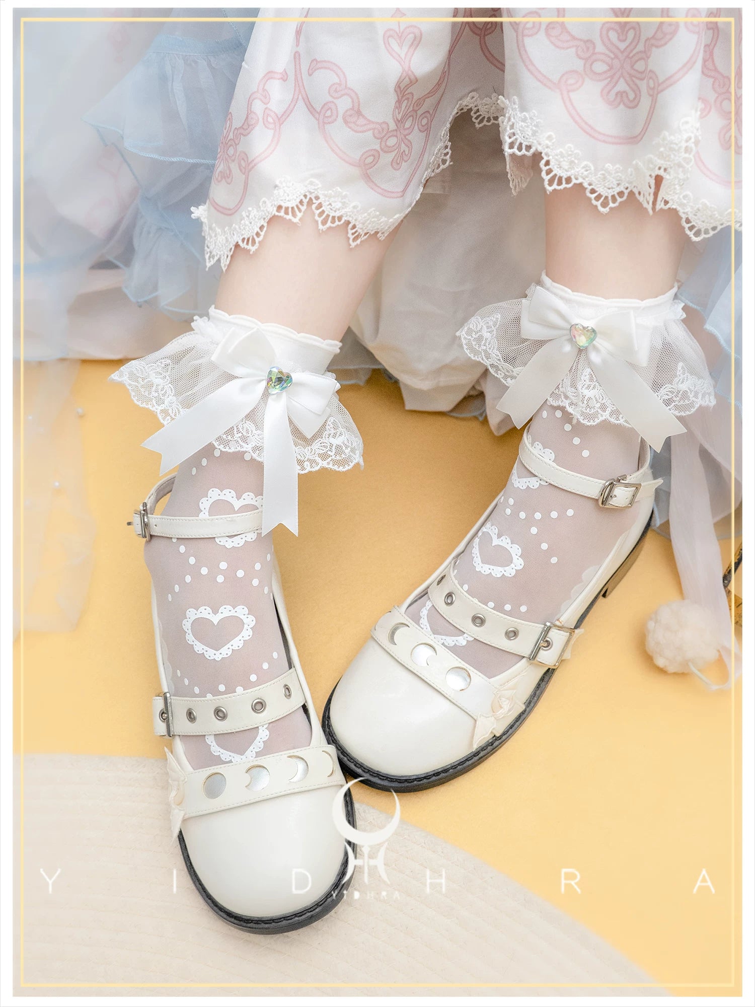 Sweet Lolita Heart Printed Ankle Socks, Detachable Lace Cuffs 45817:863088