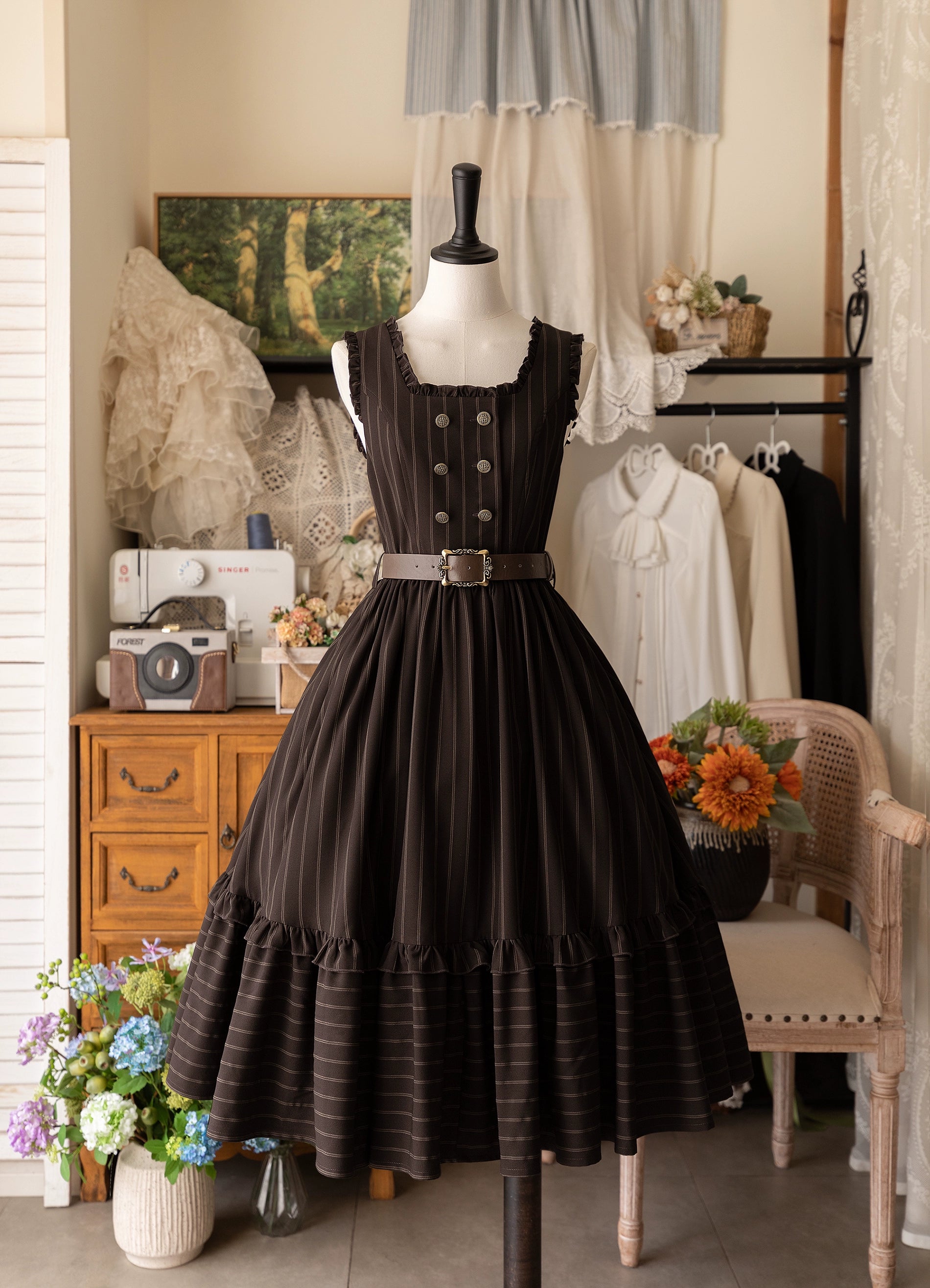 Forest Wardrobe - Little Manor - Classical Lolita JSK Dress & Long Sleeve Blouse S Dark Brown JSK