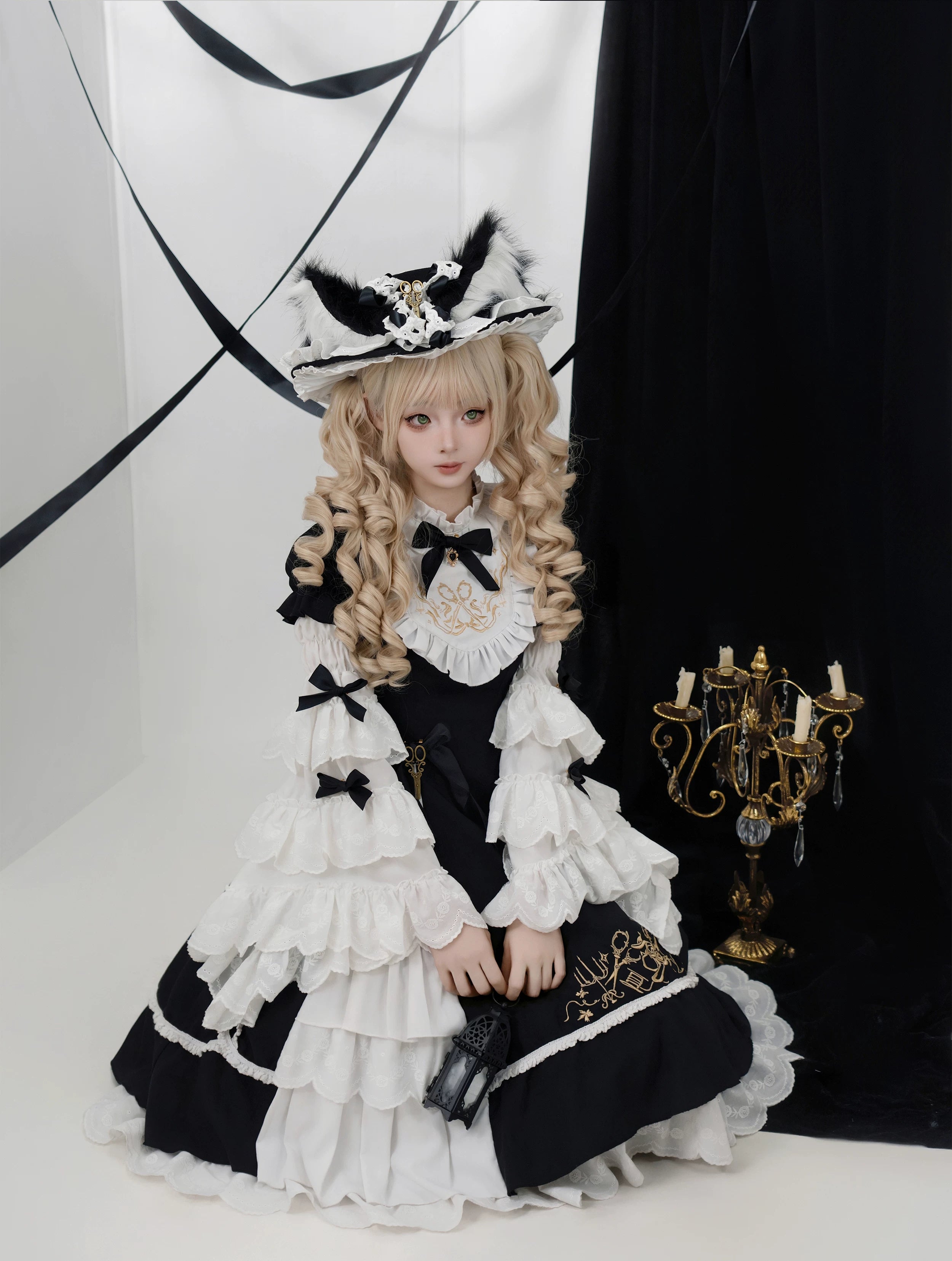 Sewing Magic Cat - Classic Lolita Six-Panel OP Dress with Embroidery Hime Sleeves Only S