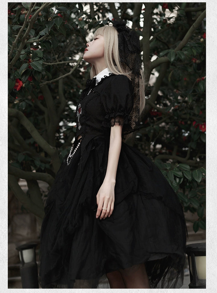 With PUJI~Evil Flower~Gothic Lolita Skirt Set Rose Embroidered Hollow Out Blouse 39596:631116