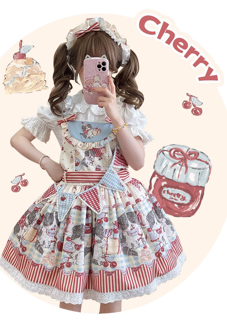 Akiyama Future Studio~Border Collie Cherry~Kawaii Lolita Salopette Cherry Print Dress