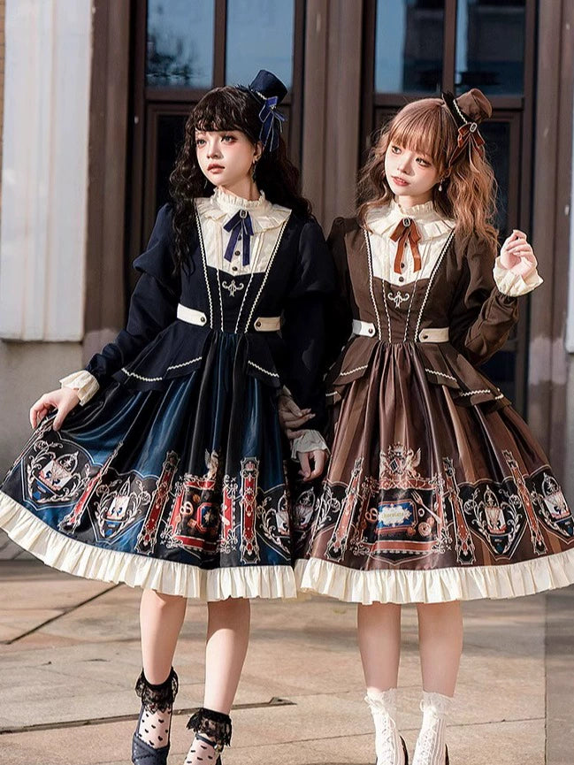 Jinmu~Chocolate Academy~Vintage Lolita OP Long Puff Sleeve Schoolgirl Lolita Dress 40344:657242