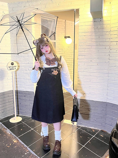Yingtang~Plus Size Lolita Dress Denim Skirt Suit 2XL black suspender skirt 