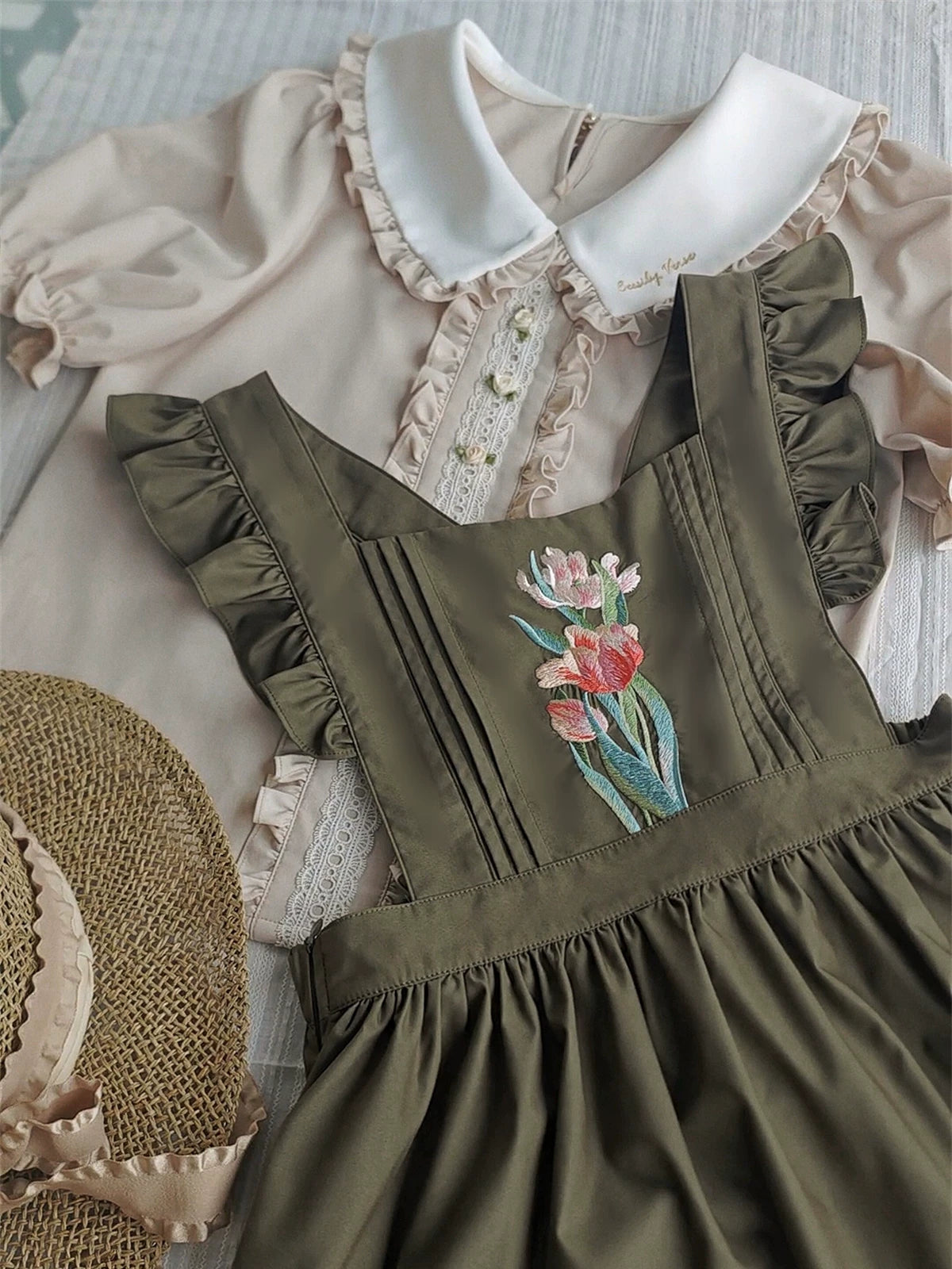Little Florist - Classic Lolita Salopette Dress & Blouse Set, Tulip Embroidery 45833:864211