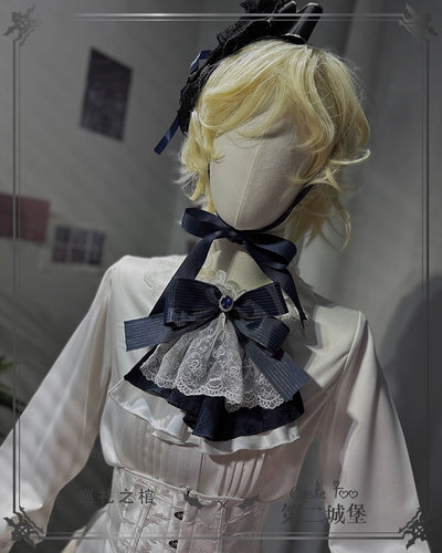 (BFM)CastleToo~Coffin of Pilgrimage~Ouji Lolita Shirt Pants Suit Medieval European Prince Suit Free size White and blue scarf + blue bow tie 